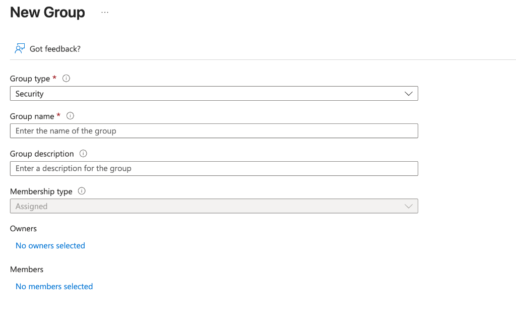 Microsoft Entra ID New Group Screen showing grayed out Membership Type