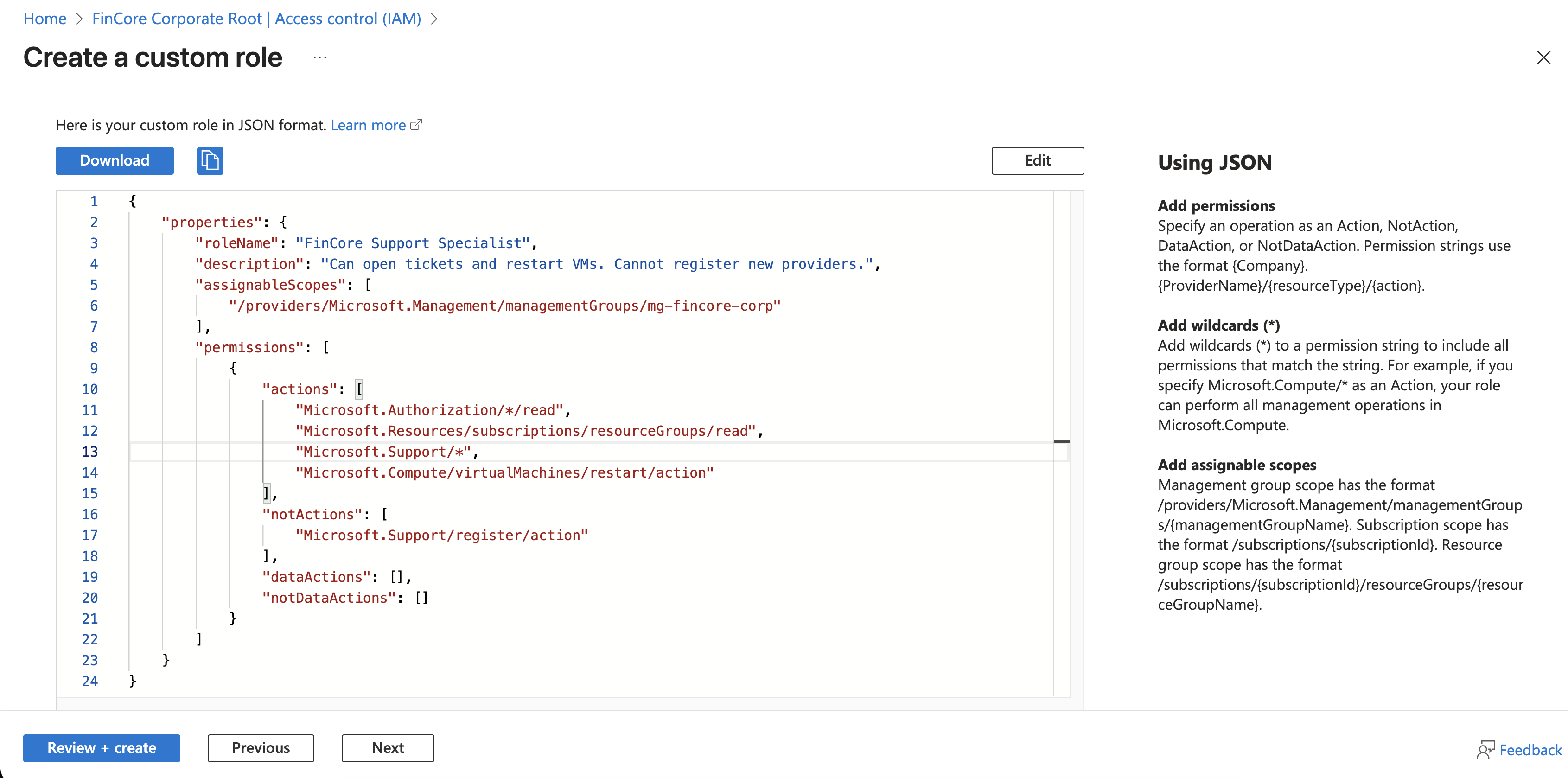 Reviewing custom role